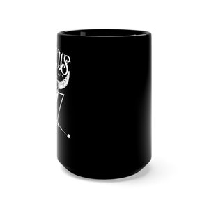 May include: Black ceramic mug with a white design of the Taurus zodiac sign, including a bull's head, stars, and a triangle.