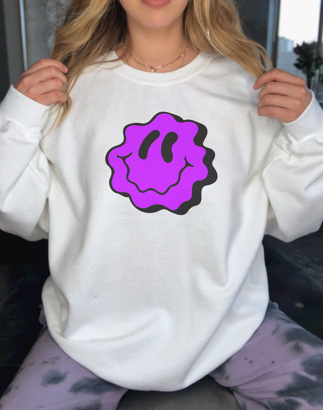 Smiley Face Crewneck, Drippy Acid Smiley Face, Vintage Style Crewneck ...