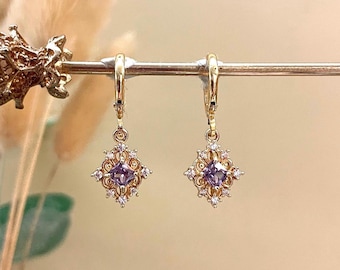 Vintage Gold Lavender Purple Diamond Charm Huggie Hoop Earrings