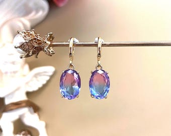 Vintage Elegant Sunset Purple Blue Oval Charm Huggie Hoop Earrings