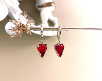 Vintage Gold Red Heart Charm Huggie Hoop Earrings - July birth stone