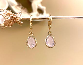 Vintage Opal Pink Teardrop Jewel Huggie Hoop Earrings