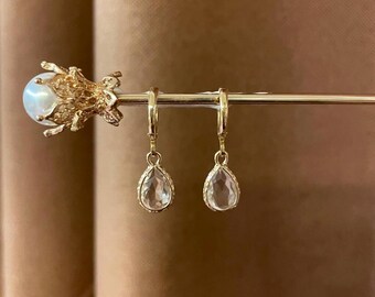 Vintage Clear Teardrop Jewel Huggie Hoop Earrings