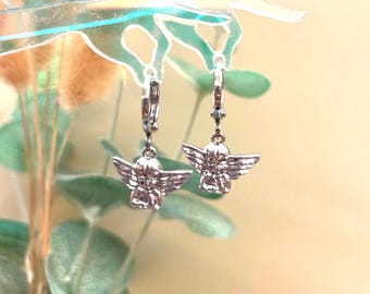 Vintage Silver Mini Angel Charm Huggie Hoop Earrings