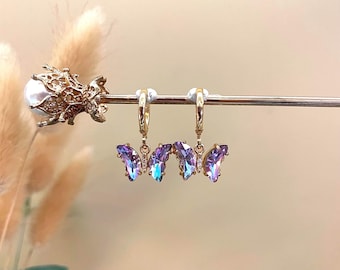 Light Purple butterfly cz jewel Charm Huggie Hoop Earrings