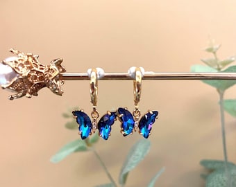 Royal blue purple butterfly cz jewel Charm Huggie Hoop Earrings