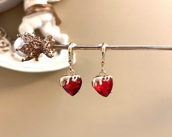 Vintage Gold Melting Heart Charm Huggie Hoop Earrings - January birth stone