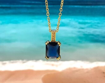 Royal blue rectangle Charm Necklace, September birth stone