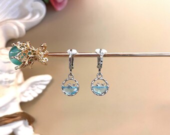 Silver dolphin in the ocean Charm Huggie Hoop Earrings