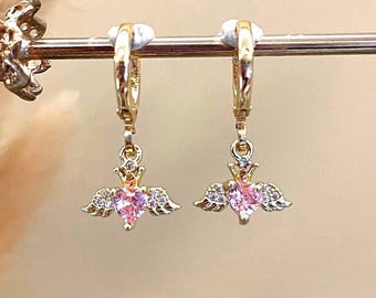 Vintage gold angel wing pink heart Charm Huggie Hoop Earrings