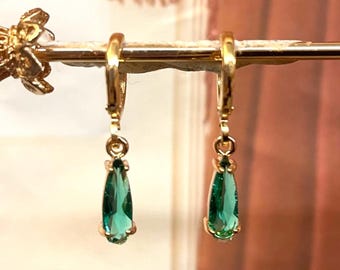 Vintage Ocean Blue Green Teardrop Charm Huggie Hoop Earrings