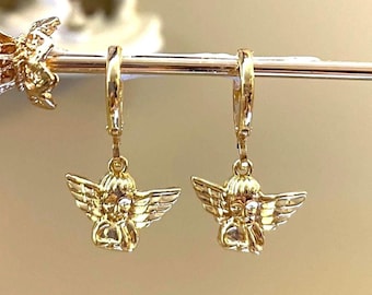 Vintage Gold Angel Charm Huggie Hoop Earrings