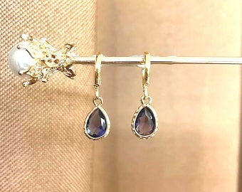 Vintage Purple Teardrop Jewel Huggie Hoop Earrings - February birth stone