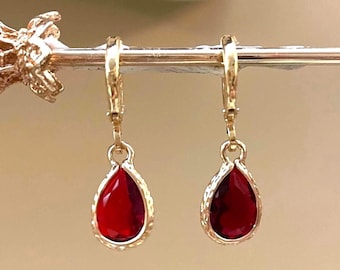 Vintage Ruby Red Teardrop Jewel Huggie Hoop Earrings - January birth stone
