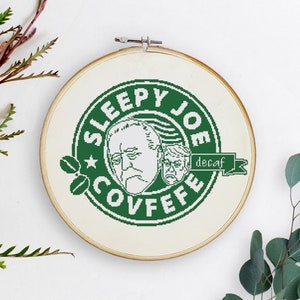 Sleepy Joe Decaf Covfefe Cross-Stitch PDF Pattern - Funny modern political cross stitch for coffee lovers
