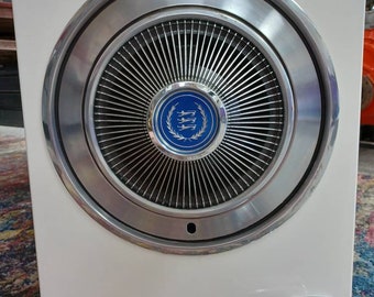 May include: A white cabinet door with a chrome hubcap mounted on it. The hubcap has a blue center with a logo that says "Ford" and a silver rim.