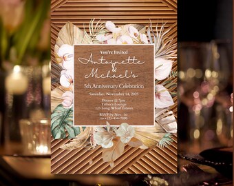Boho Floral 5th Anniversary Invitation: Wood Design (Digital)