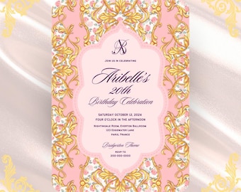 Bridgerton Birthday Invitation | Pink and Gold Royal Garden Invitation, Elegant Floral Birthday Party Invite | Free Customization included