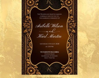 Brown Gold Wedding Invitation, Elegant Wedding Invitation, Luxury Brown and Gold Invite, Formal Invitation Suite, Digital Invite Black Tie