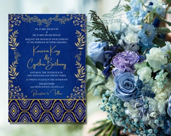 Blue, Yellow & Gold Kente Print | Afrocentric, African Inspired | Upscale Wedding Invitation - Free Customization Included