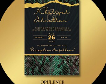 Emerald Green Snake Print Invitation | Black, Green & Gold Invitation | Leather Print Invitation | Any Event, Free Customization Included