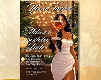 Luxury Birthday Invitation | Black Woman White Dress Toasting Invite | Elegant Birthday White Party | Digital Free Customization Provided