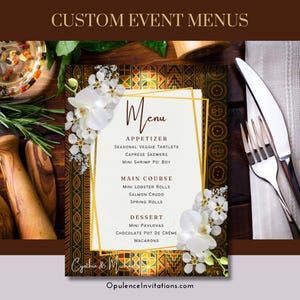 Menu Africano de Luxo - Menus de Casamento Dourados Inspirados em Casamentos | Noiva Kente Afrocêntrica de Luxo | Personalização Gratuita Incluída