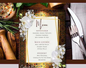 Kente Wedding Menu: African Gold Design, Custom Elegant Menu