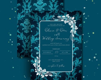 Teal Wedding Invitation: Victorian Silver Floral, Customizable (Digital)