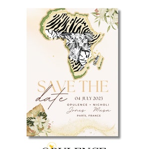Invitación de boda con tema de África para guardar la fecha / Invitación afrocéntrica moderna y de lujo / Personalización gratuita lista para usar incluida.
