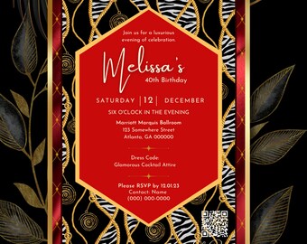 Afrocentric Ankara Wedding Invitations: Red, Black & Gold (Digital)