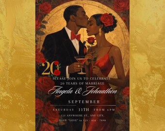 Animated Anniversary Invitations Romantic Black Couple Red Rose | Any Year | Free customization included.