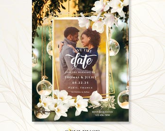 Ivory Floral Save the Date Photo Invitations: Custom Wedding Cards
