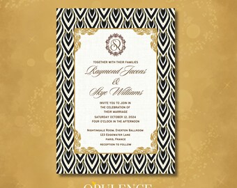 Elegant Black & White Invitations, Monogrammed with Gold Trim. Art Deco Invites. Digital and Print available. Done-for-you customization.