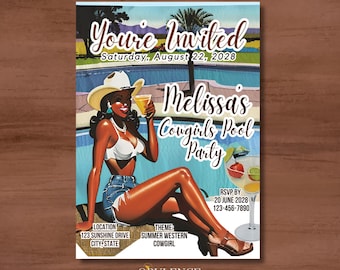 Black Cowgirl Pool Party Invitation: Denim Shorts, Western Theme (Digital Download)