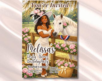 Derby Party Invitation: Black Woman w a Horse, Derby style Fascinator Hat with roses and garden party theme. Color options avail.