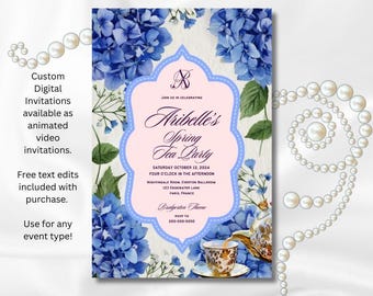 Blue Floral Invitation | Blue Flowers Royal Garden Bridgerton Invitation, Elegant Spring Floral Video Invite | Free Customization included