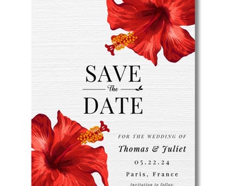 Hibiscus Tropical Save The Date | Red Hibiscus Water Color Wedding Digital Save the Date - Avail in Five Color Options. Any Event