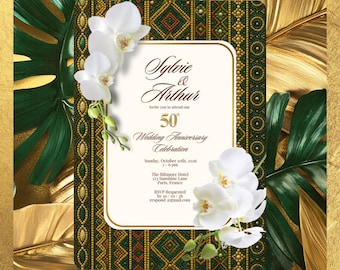 Exquisite Gold Beaded Invitations, Cultural, African Wedding Invitation, Afrocentric Kente Design - Any Occasion! Color options available.