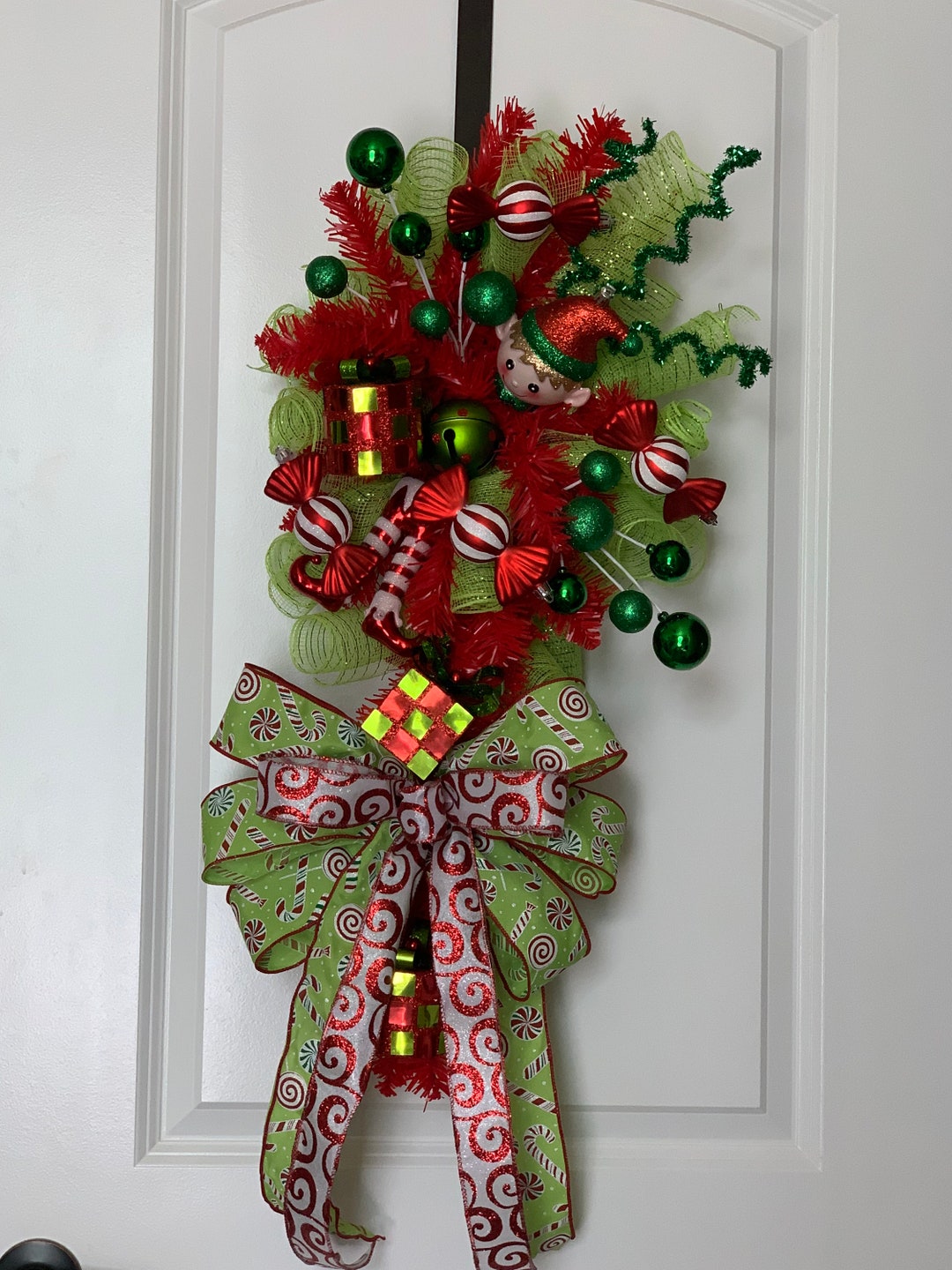 Elf in Shelf Swag Red and Lime Green Christmas Swag Winter Etsy