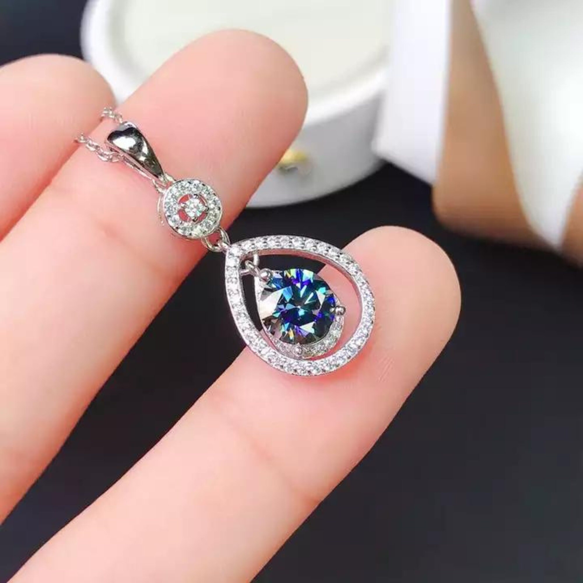 14k Gold Blue Diamond Necklace, Diamond Solitaire Diamond Pendant