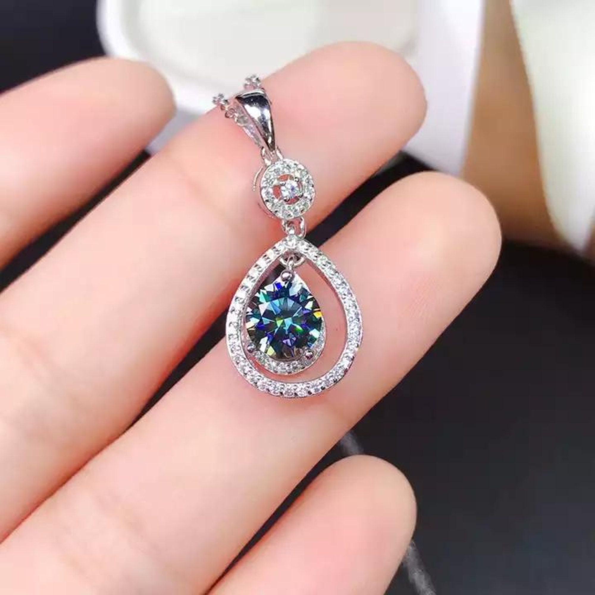 14k Gold Blue Diamond Necklace, Diamond Solitaire Diamond Pendant