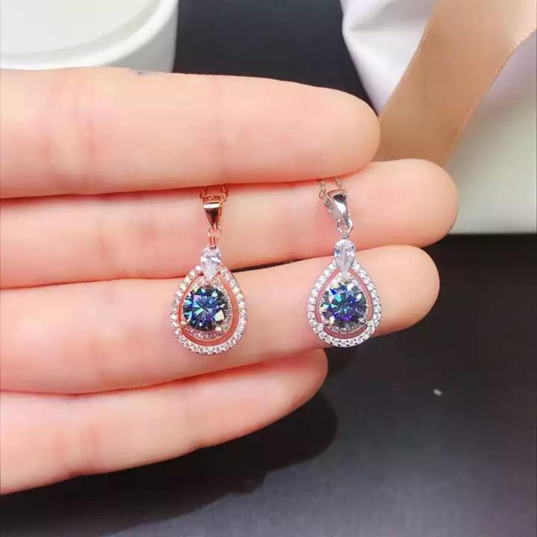 2ct Blue Diamond Necklace, 14k Gold Blue Diamond Pendant, Anniversary