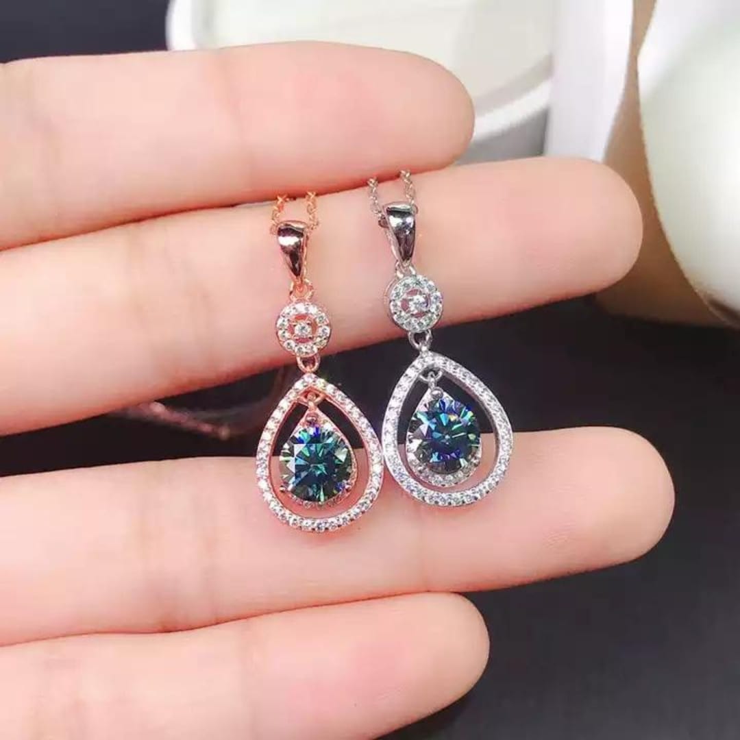 14k Gold Blue Diamond Necklace, Diamond Solitaire Diamond Pendant