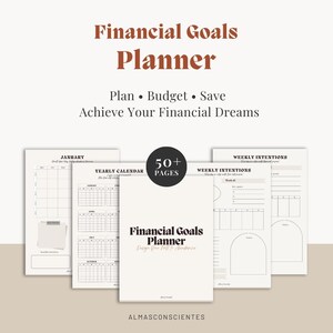 Op de afbeelding: Een financieel doelplanner met de tekst "Financial Goals Planner" in een stijlvol lettertype. De planner bevat pagina's voor planning, budgettering en sparen, met secties voor wekelijkse en jaarlijkse doelen. De tekst "Plan, Budget, Save, Achieve Your Financial Dreams" is ook opgenomen.