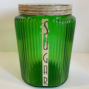 Owens Illinois Green Glass Hoosier Cabinet Sugar Jar Canister Lid