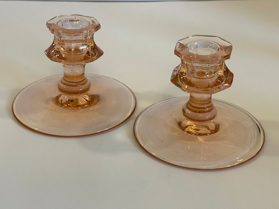 Pair of Pink Depression Glass Candlestick Holders Etsy