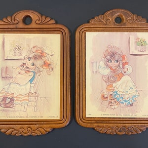 Cutie Girl and Kitten Watercolor Lithograph Wood Wall Plaques - Set of 2