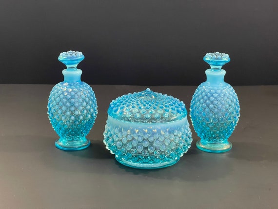 Fenton Blue Opalescent Hobnail Dresser Set - image 1