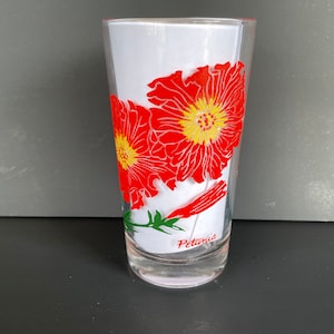 Boscul Peanut Butter Glass - Petunia, Red Flower with Yellow Center, Red Name at Bottom